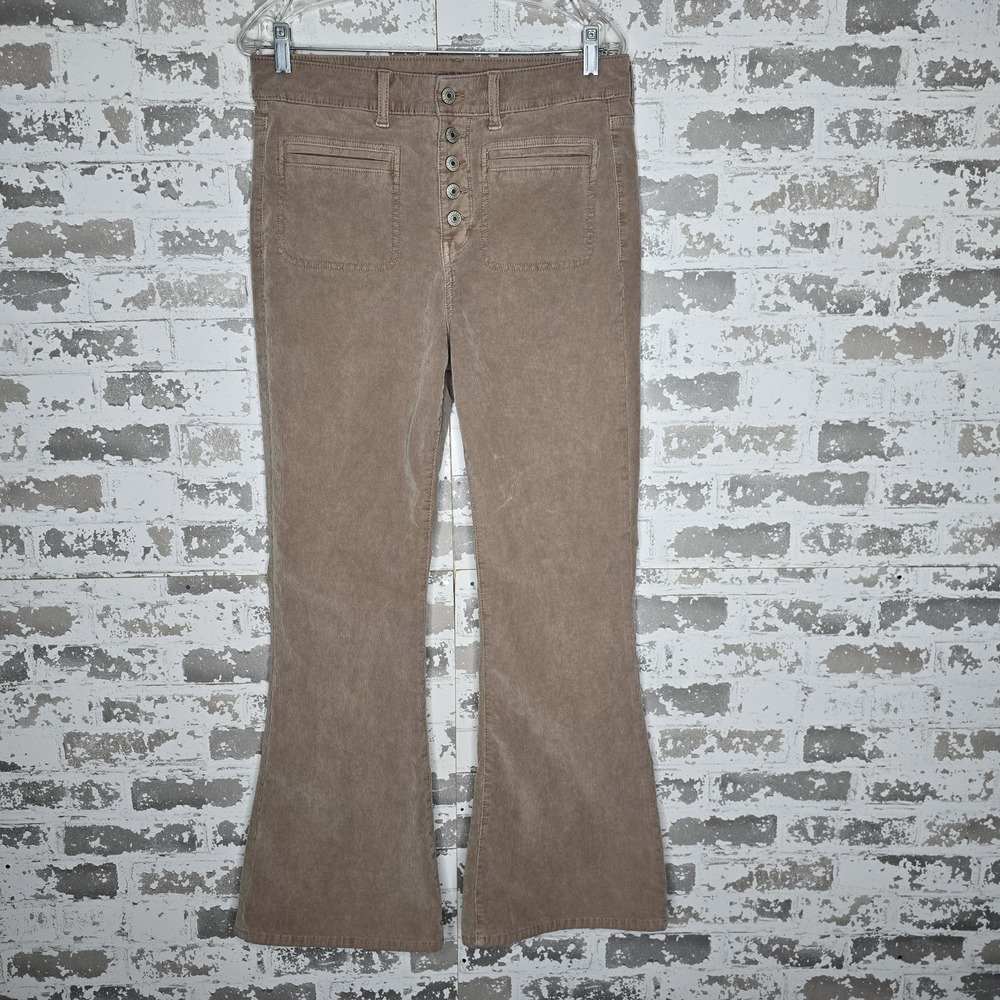 American Eagle Corduroy Pants Women 10 Tan Super High Rise Flare Button Fly Boho